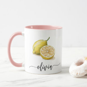 Mug Aquarelle personnalisée moderne jaune citron rose