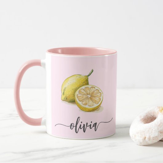 Mug Aquarelle personnalisée moderne jaune citron rose (Avec donut)