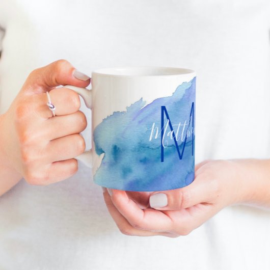Mug Aquarelle personnalisée Monogramme bleu turquoise