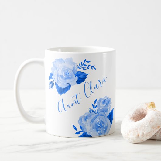 Mug Aquarelle personnalisée Rose bleu floral (Avec donut)