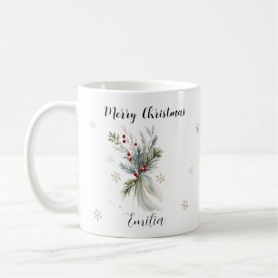 Mug Aquarelle Pin Rustique Floral Joyeux Noël Nom
