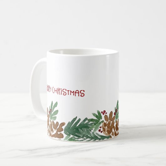 Mug Aquarelle Pinecones Bordure Joyeux Noël (Devant gauche)