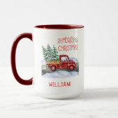 Mug Aquarelle Plaid Camion Rouge Neige Joyeux Noël (Gauche)