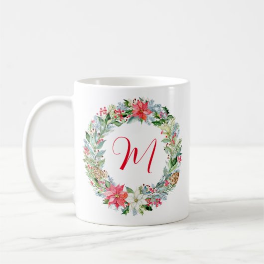 Mug Aquarelle Poinsettia monogramme de couronne de Noë (Gauche)