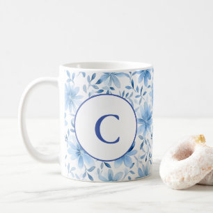 Mug Aquarelle Printemps Fleurs Bleues Lettre Monogramm