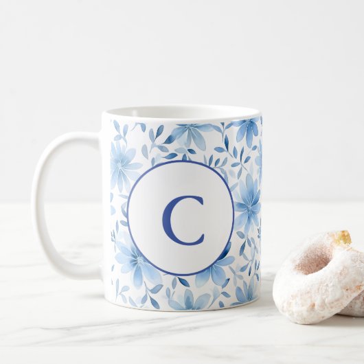 Mug Aquarelle Printemps Fleurs Bleues Lettre Monogramm (Avec donut)