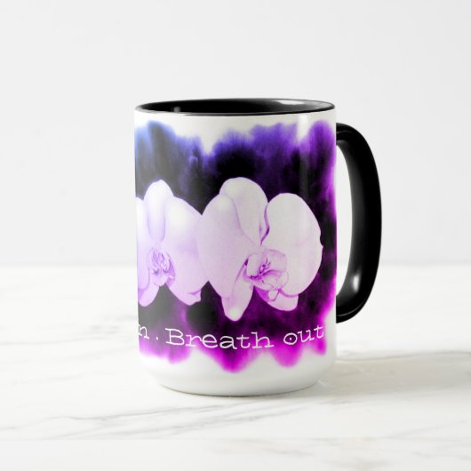 Mug Aquarelle rose bleu violet Orchidées, respirer (Devant droit)