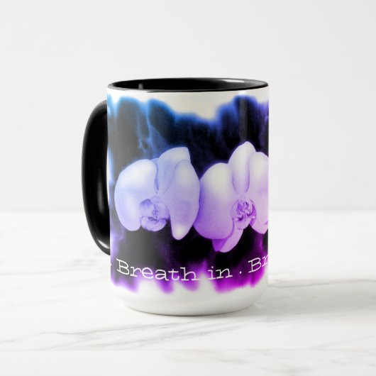Mug Aquarelle rose bleu violet Orchidées, respirer (Devant gauche)
