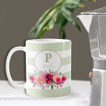 Mug Aquarelle rose chaud Monogramme floral sur bande d<br><div class="desc">Dans les tons rose pâle, rose cerise, rose fuchsia à rose marsala, ce motif floral aquarelle est posé sur des rayures vert clair et blanc printanier. SUPPRIMEZ les rayures blanches ou changez les couleurs des rayures et de l'arrière - plan vert en couleur. Tout le texte, les polices, les couleurs,...</div>