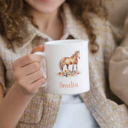 Mug Aquarelle rose Cheval Nom personnalisé Floral