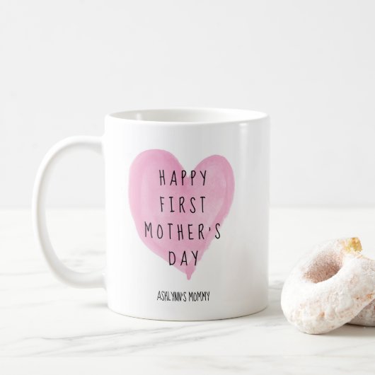Mug Aquarelle rose Coeur Première fête des mères (Avec donut)