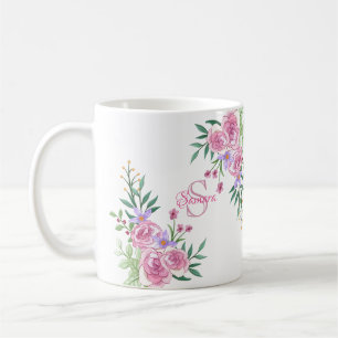 Mug Aquarelle rose de la fille Roses Monogramme initia