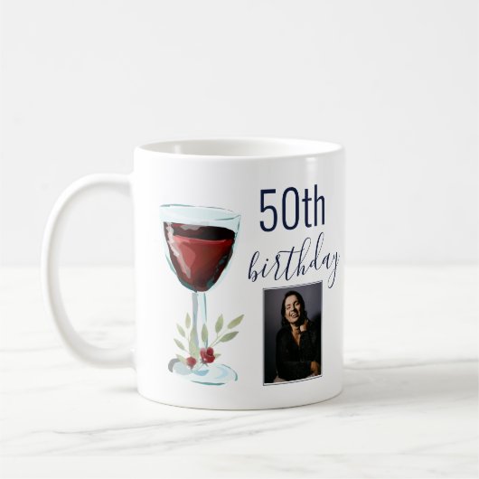 Mug Aquarelle Rose de vin rouge Photo 50e anniversaire (Gauche)
