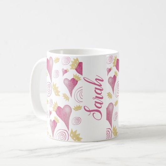 Mug Aquarelle rose du coeur de la couronne Monogramme (Devant gauche)
