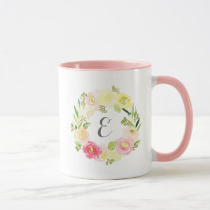 Mug Aquarelle rose et jaune couronne florale Monogra