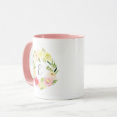 Mug Aquarelle rose et jaune couronne florale | Monogra (Devant gauche)