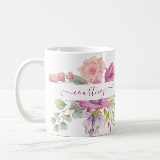 Mug Aquarelle rose et pêche florale personnalisée (Gauche)