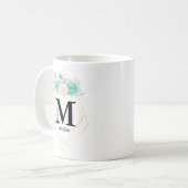 Mug Aquarelle rose et vert moderne Succulents Monogram (Devant gauche)