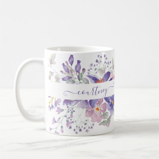 Mug Aquarelle rose et violet florale personnalisée (Gauche)