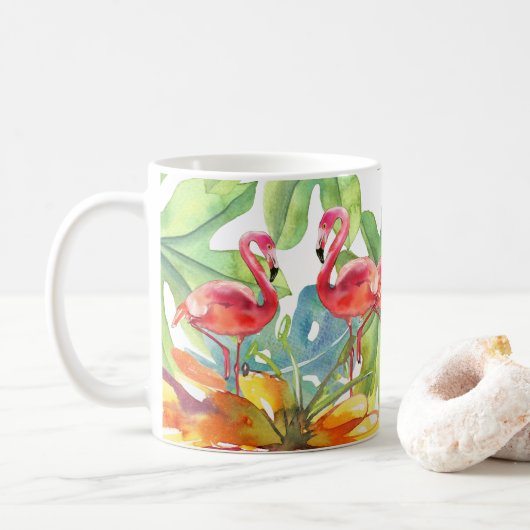 Mug Aquarelle rose Flamant rose tropical (Avec donut)