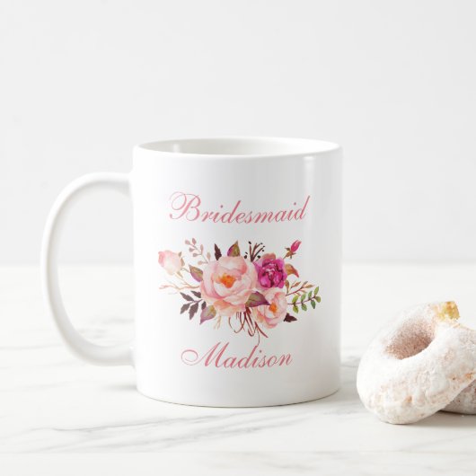Mug Aquarelle rose Floral Nom de la servante (Avec donut)
