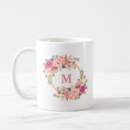 Mug Aquarelle rose Floral Or Cercle Monogramme (Gauche)