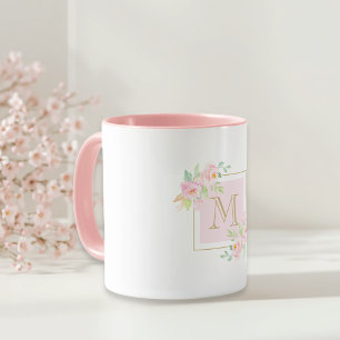 Mug Aquarelle rose Floral Personnalisé Monogramme Café