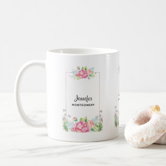 Mug Aquarelle rose moderne Cadre Floral (Avec donut)