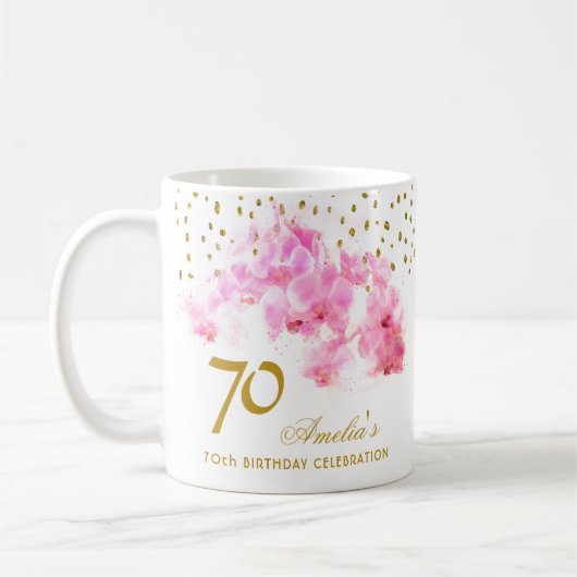 Mug Aquarelle rose orchidée Parties scintillant or 70e (Gauche)