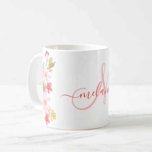 Mug Aquarelle rose pâle Floral Nom du monogramme perso (Devant gauche)