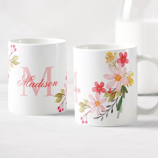 Mug Aquarelle rose pâle Floral Nom du monogramme perso