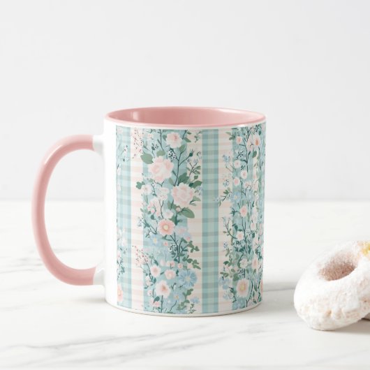 Mug Aquarelle rose pastel Flores En vichy (Avec donut)
