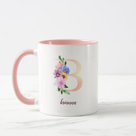 Mug Aquarelle rose perle Lettre florale B Monogramme (Gauche)