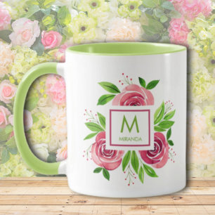 Mug Aquarelle Rose rose chaud Monogramme de chaux à de