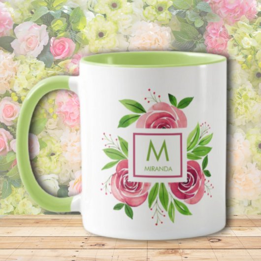 Mug Aquarelle Rose rose chaud Monogramme de chaux à de