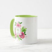 Mug Aquarelle Rose rose chaud Monogramme de chaux à de (Devant gauche)