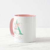 Mug Aquarelle rose turquoise or Monogramme floral A (Devant gauche)