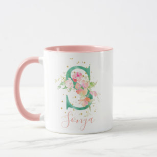 Mug Aquarelle rose turquoise or Monogramme floral S
