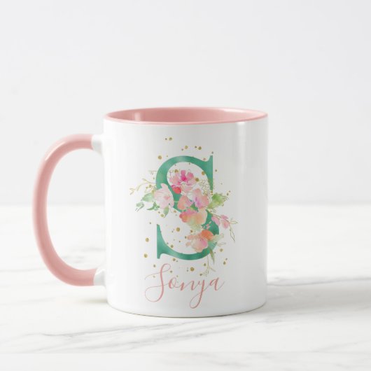 Mug Aquarelle rose turquoise or Monogramme floral S (Gauche)