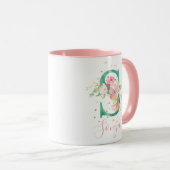 Mug Aquarelle rose turquoise or Monogramme floral S (Devant droit)