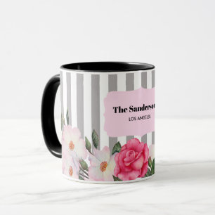Mug Aquarelle Roses Blanches Rose Pâle Légère Rayures