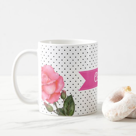 Mug Aquarelle Roses roses sur Pois blancs noirs (Avec donut)