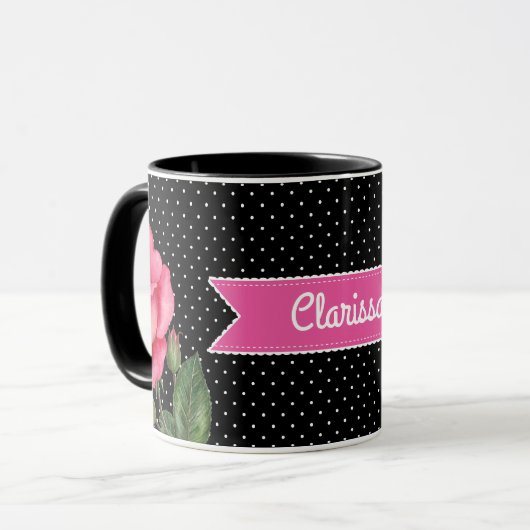 Mug Aquarelle Roses roses sur Pois blancs noirs (Devant gauche)