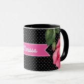 Mug Aquarelle Roses roses sur Pois blancs noirs (Devant droit)