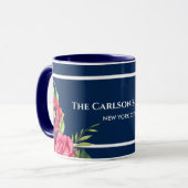 Mug Aquarelle Rouge et rose Fleurs bleu foncé Marine (Devant gauche)