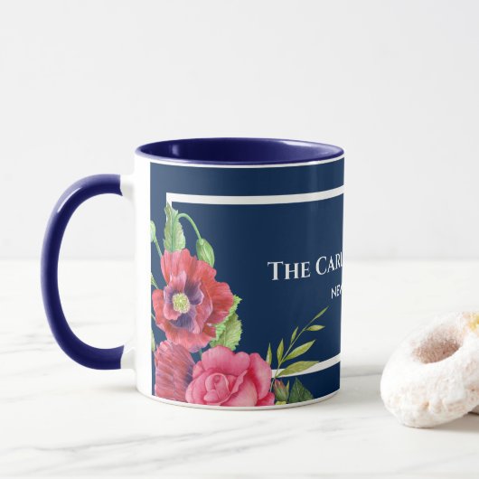 Mug Aquarelle Rouge et rose Fleurs bleu foncé Marine (Avec donut)