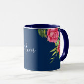 Mug Aquarelle Rouge et rose Fleurs bleu foncé Marine (Devant droit)