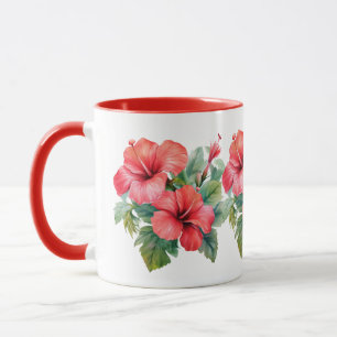 Mug Aquarelle Rouge Hibiscus Tropical Floral Vert
