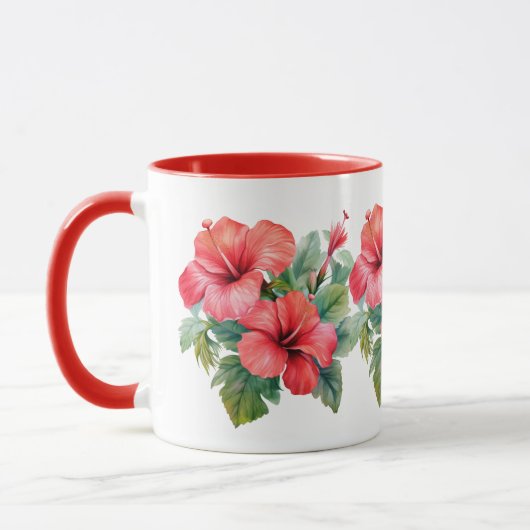 Mug Aquarelle Rouge Hibiscus Tropical Floral Vert (Gauche)