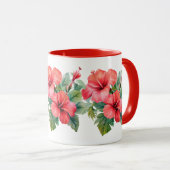Mug Aquarelle Rouge Hibiscus Tropical Floral Vert (Devant droit)